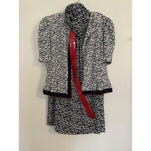 Vintage 90s Leslie Fay Pleated Skirt Suit Size 12 Scarf Belt Shoulder Pads Navy